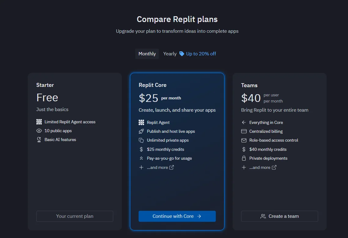 pricing plan of replit AI