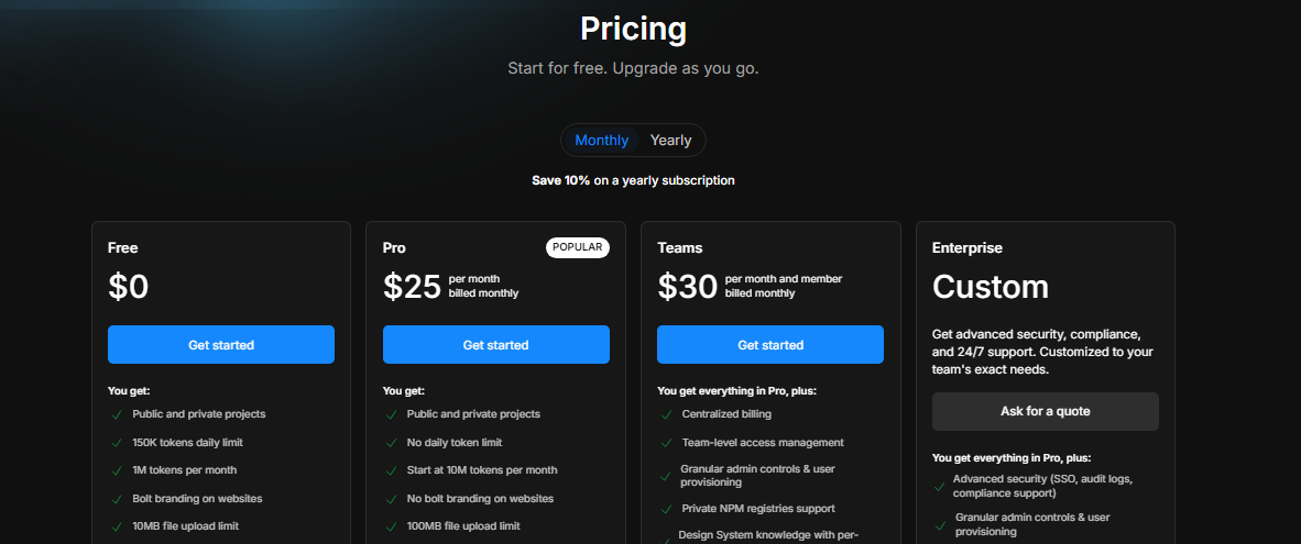 pricing plan of Bolt AI