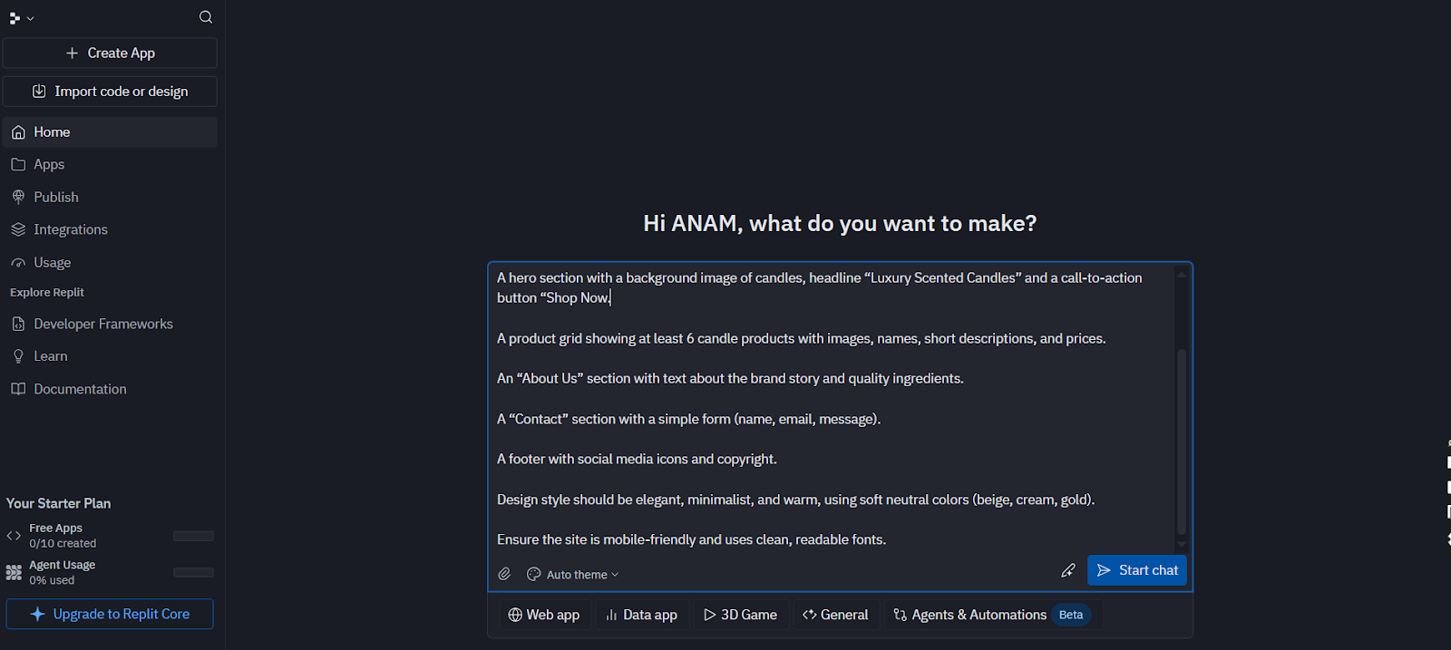 give app idea through prompt in Replit